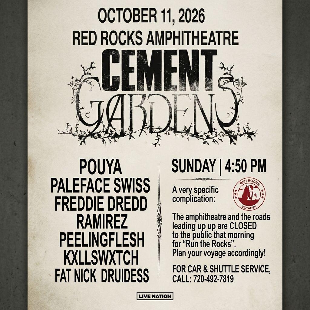 Cement Gardens Red Rocks 2026 Transportation — Nine Acts, a 4:50 PM Start, and a Morning Road Closure